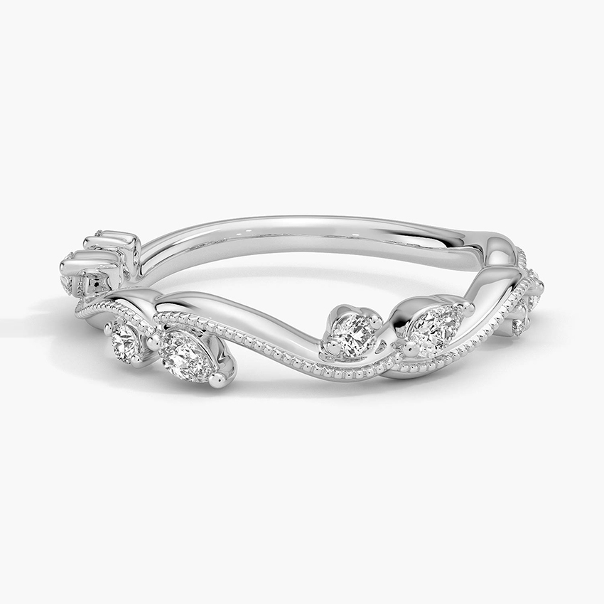 Curved Diamond Wedding Band, Marquise & Round Diamond Ring, Stackable Anniversary Ring