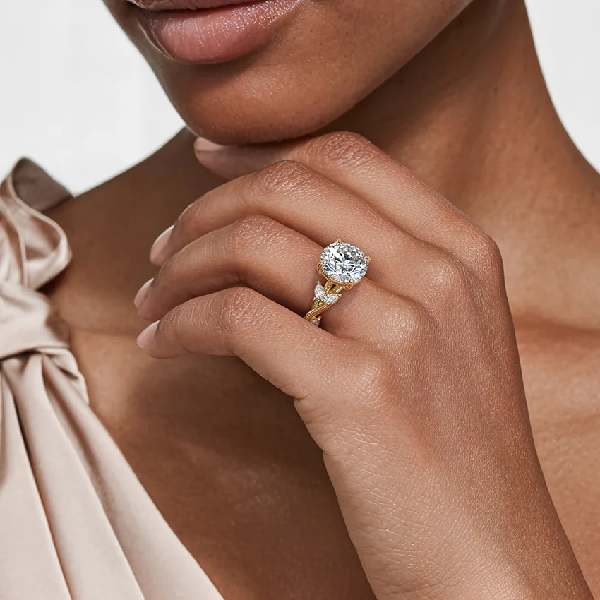 Round Cut Moissanite Engagement Ring, Twisted Pavé Diamond Band, Vintage Inspired Bridal Ring