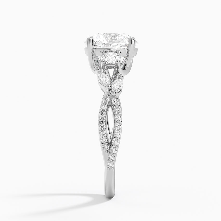 Round Cut Diamond Engagement Ring, Twisted Vine Band Ring, Floral Inspired Cluster Side Stones