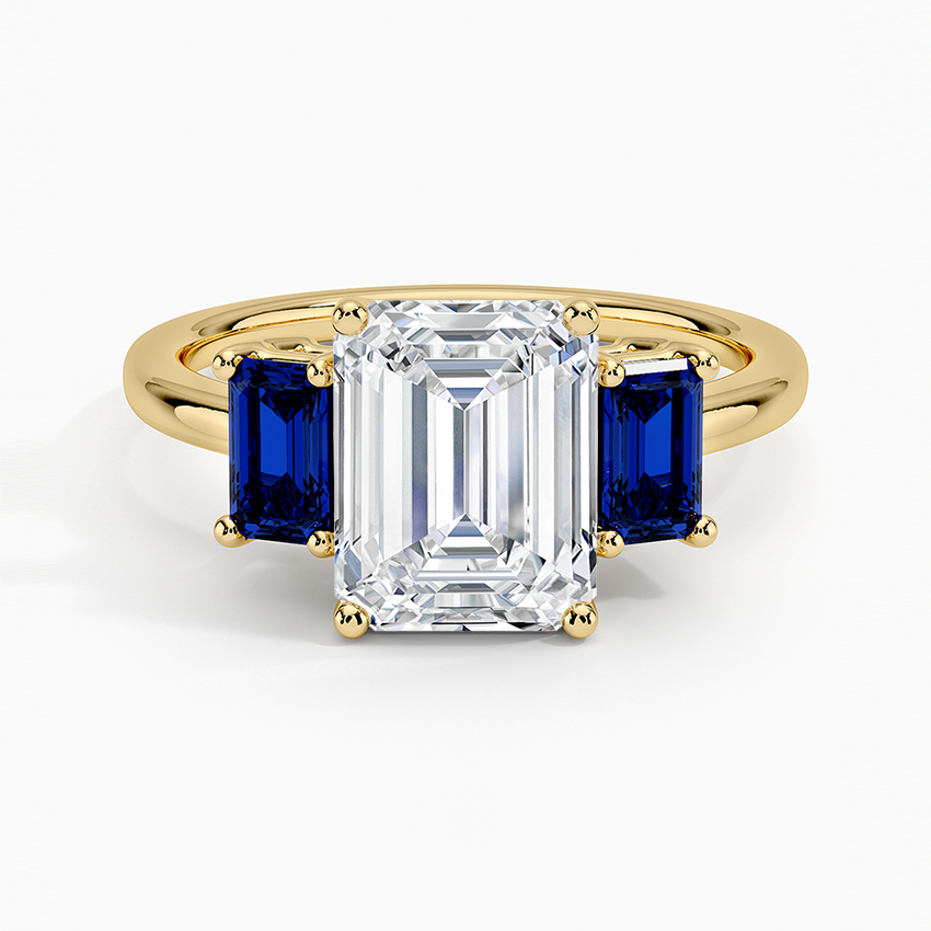 Emerald Cut Diamond Three Stone Ring with Blue Sapphire Side Stones, Vintage Style Engagement Ring, Anniversary Gift