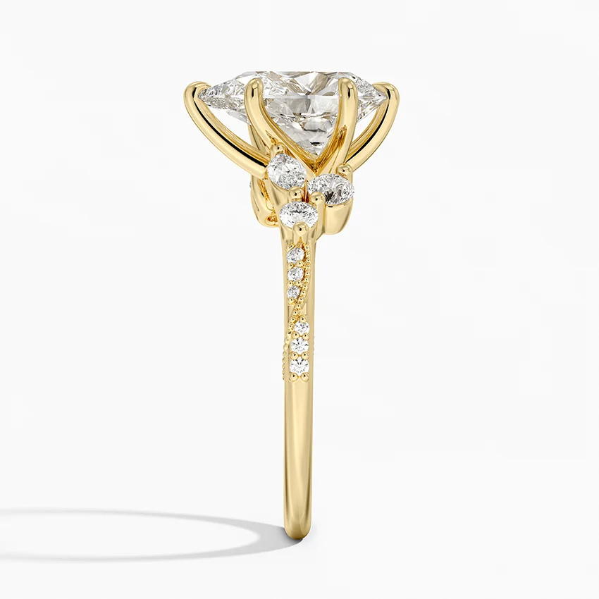 Pear Cut Moissanite Engagement Ring, Leaf Diamond Side Stone Ring, Solid Gold Promise Ring