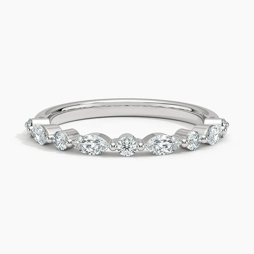 Marquise & Round Diamond Wedding Band, Curved Diamond Stacking Ring, Minimalist Anniversary Ring