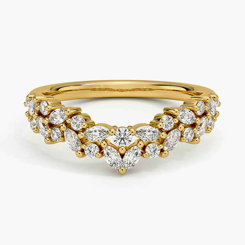 Marquise & Round Diamond V Shape Ring, Curved Wedding Band, Chevron Diamond Ring