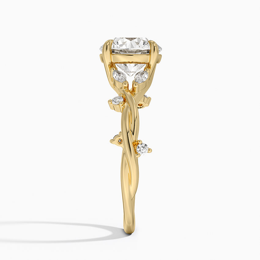 Twisted Vine Moissanite Engagement Ring, Round Cut Solitaire with Leaf Side Stones, Nature Inspired Gold Ring