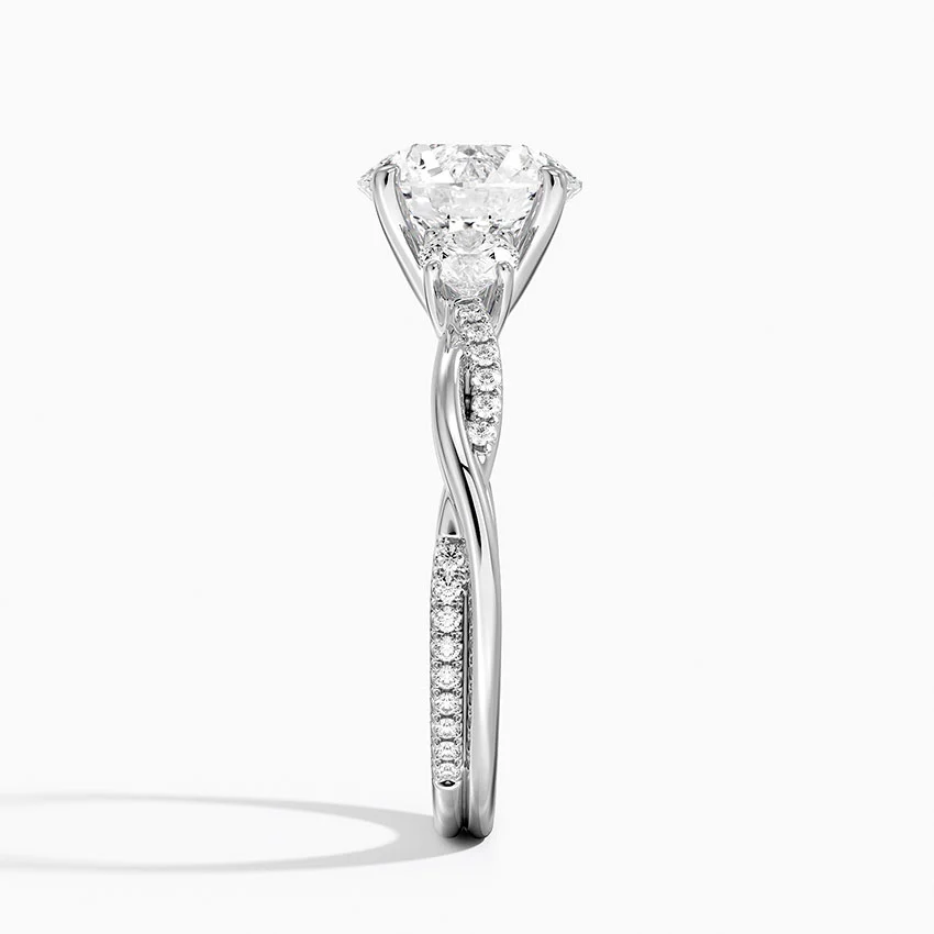 Round Cut Moissanite Engagement Ring, Twisted Pave Band Ring, 3 Stone Diamond Ring