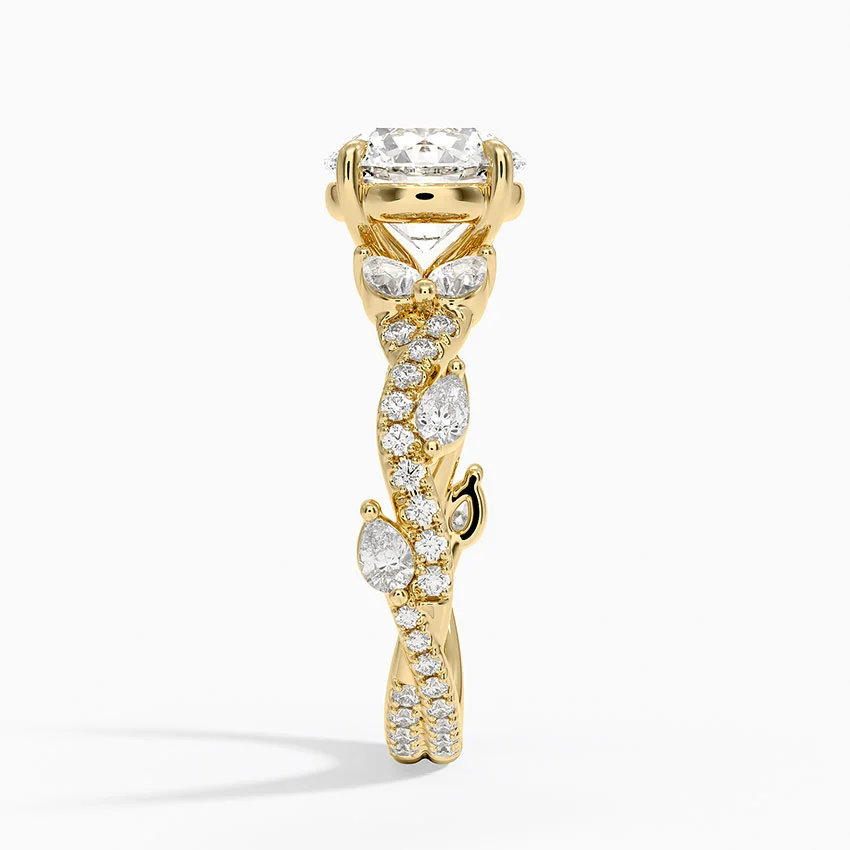 Round Cut Moissanite Engagement Ring, Twisted Pave Diamond Band, Vintage Inspired Bridal Ring