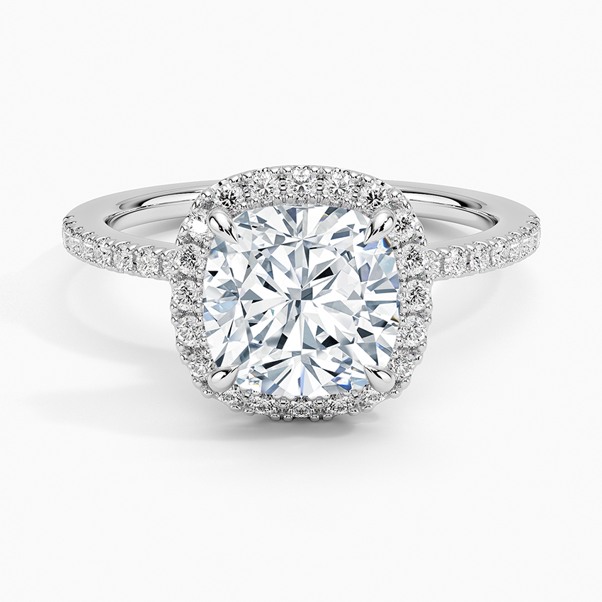 Cushion Cut Halo Diamond Engagement Ring, Pave Band Wedding Ring, Classic Bridal Ring
