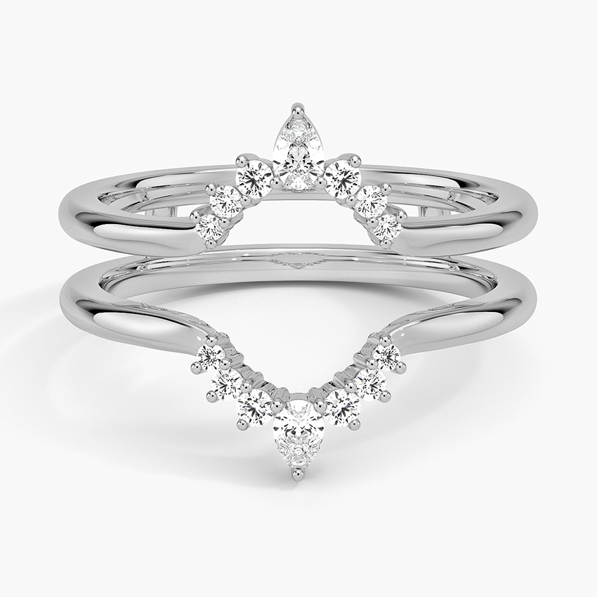 Crown Diamond Ring Set, Pear Shaped Diamond Wedding Band Set, Curved V Stackable Ring