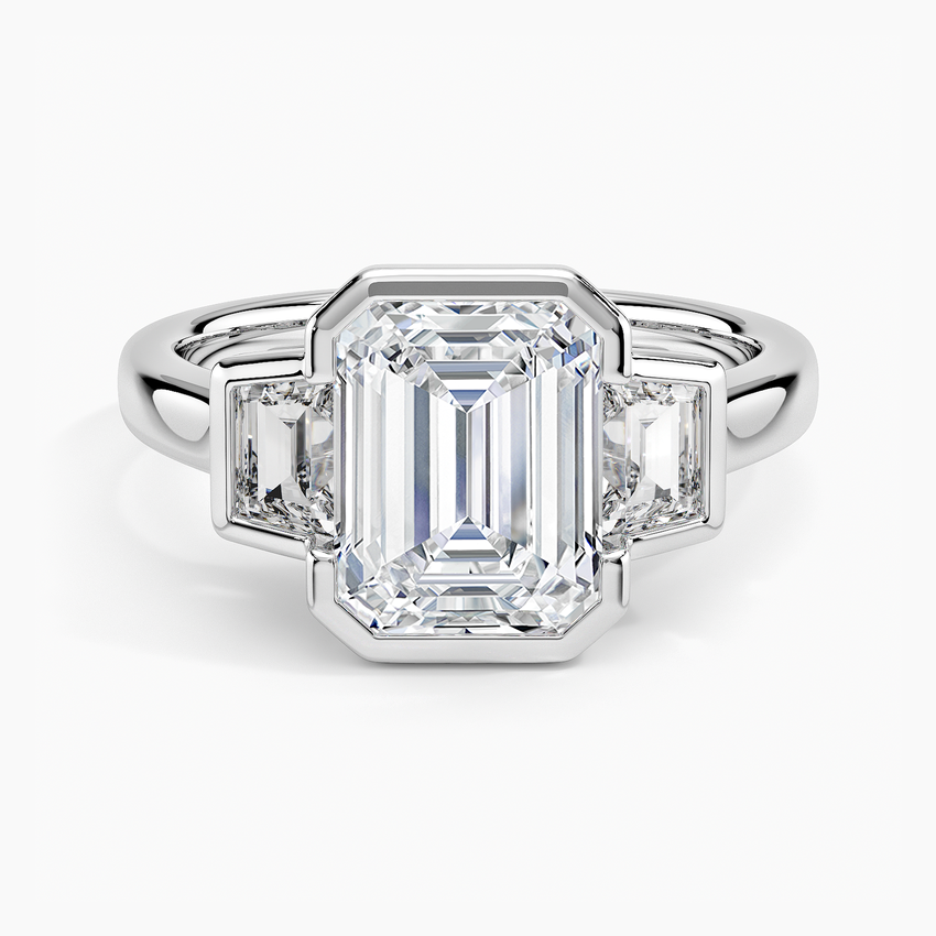 Emerald Cut Diamond Engagement Ring, Three Stone Bezel Set Ring, Minimalist Luxury Bridal Ring