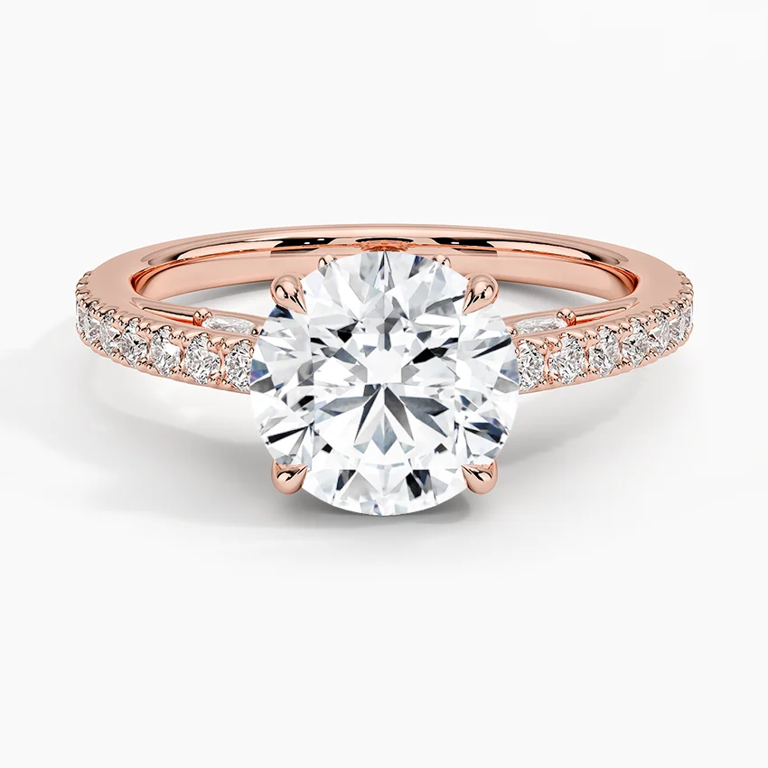 Round Cut Diamond Engagement Ring, Pavé Band Solitaire Ring, Minimalist Bridal Ring