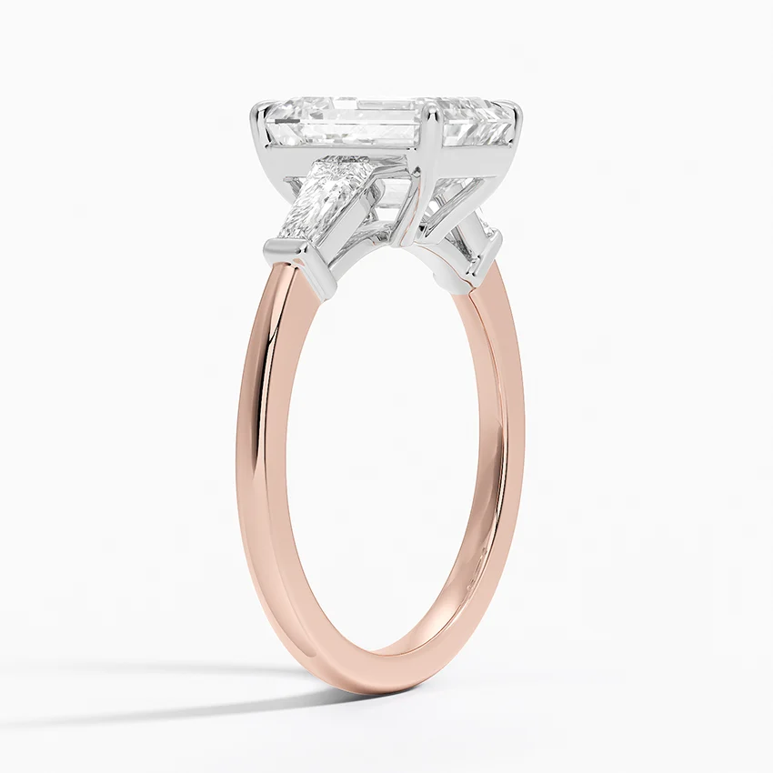 Emerald Cut Diamond Engagement Ring with Trapezoid Side Stones, Two Tone Gold Solitaire Ring