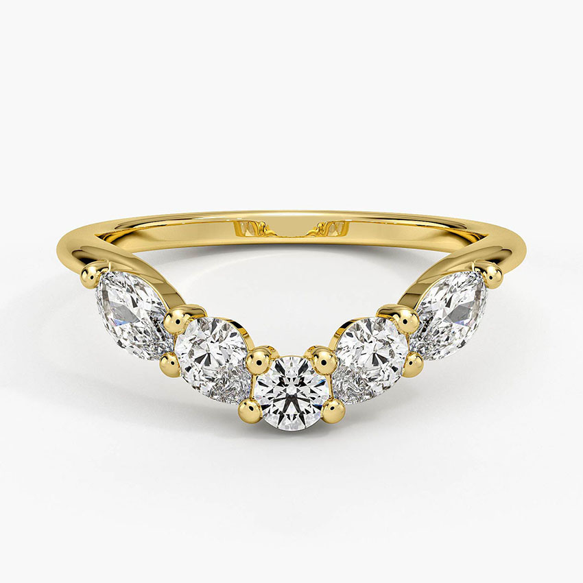 Five Stone Diamond Chevron Ring, Marquise & Round Cut Wedding Band, Curved V Shape Anniversary Ring