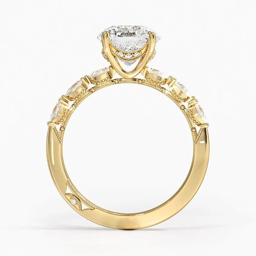 Round Cut Solitaire Diamond Engagement Ring, Twisted Vine Band with Accent Stones, Nature Inspired Bridal Ring