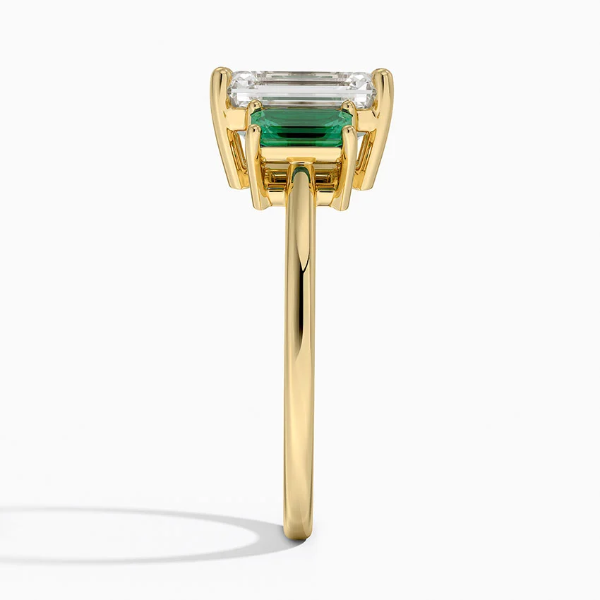 Emerald Cut Diamond Three Stone Ring with Green Emerald Side Stones,Solid Gold Engagement Ring