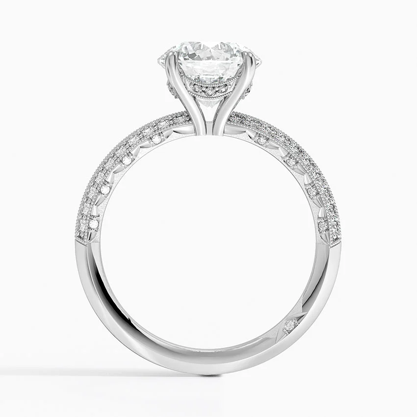 Round Cut Diamond Engagement Ring, Double Row Pave Band Ring, Promise Ring