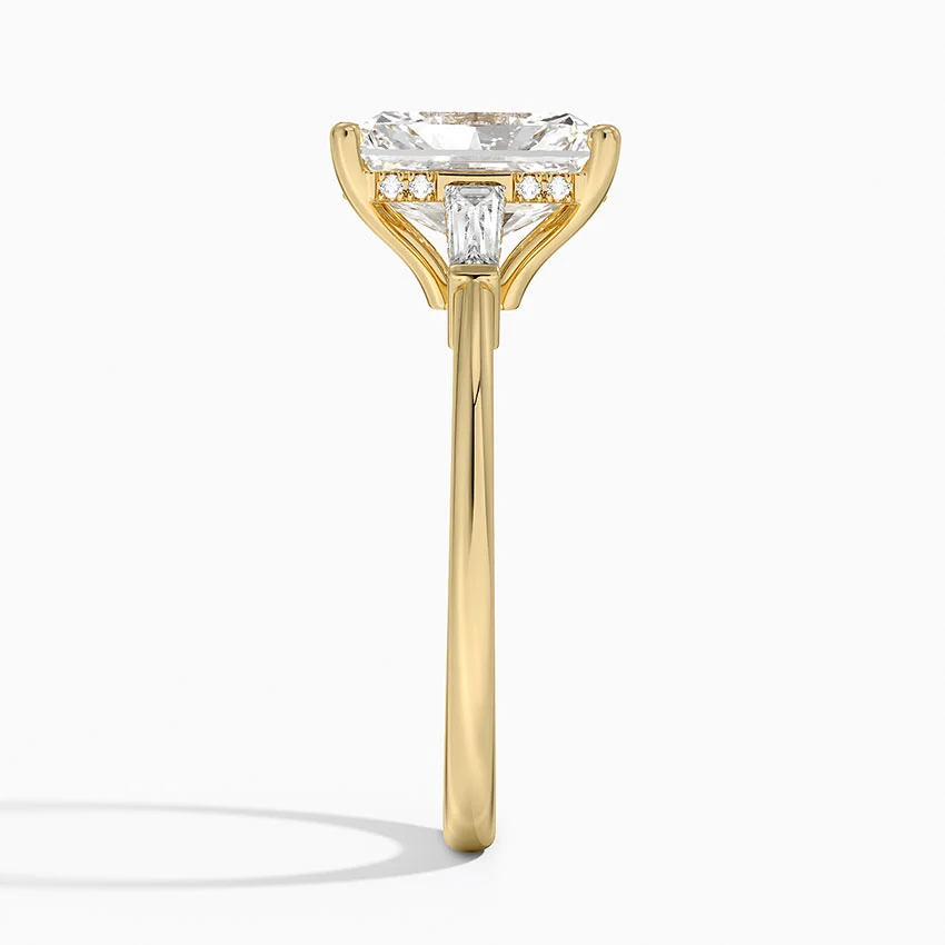 Radiant Cut Solitaire Engagement Ring with Tapered Side Stones, Elegant 3 Stone Diamond Ring