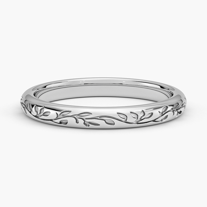 Nature Inspired Leaf Engraved Ring, Minimalist Floral Band, Stackable Wedding Band