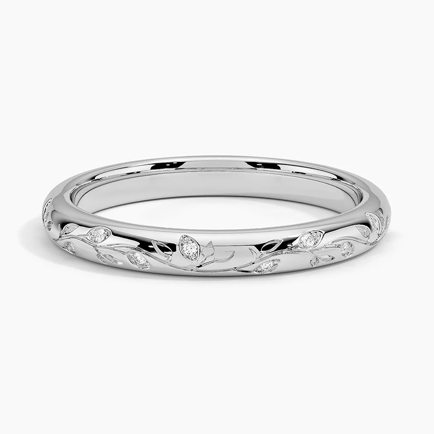 Diamond Leaf Engraved Ring, Minimalist Gold Vine Ring, Dainty Diamond Wedding Band