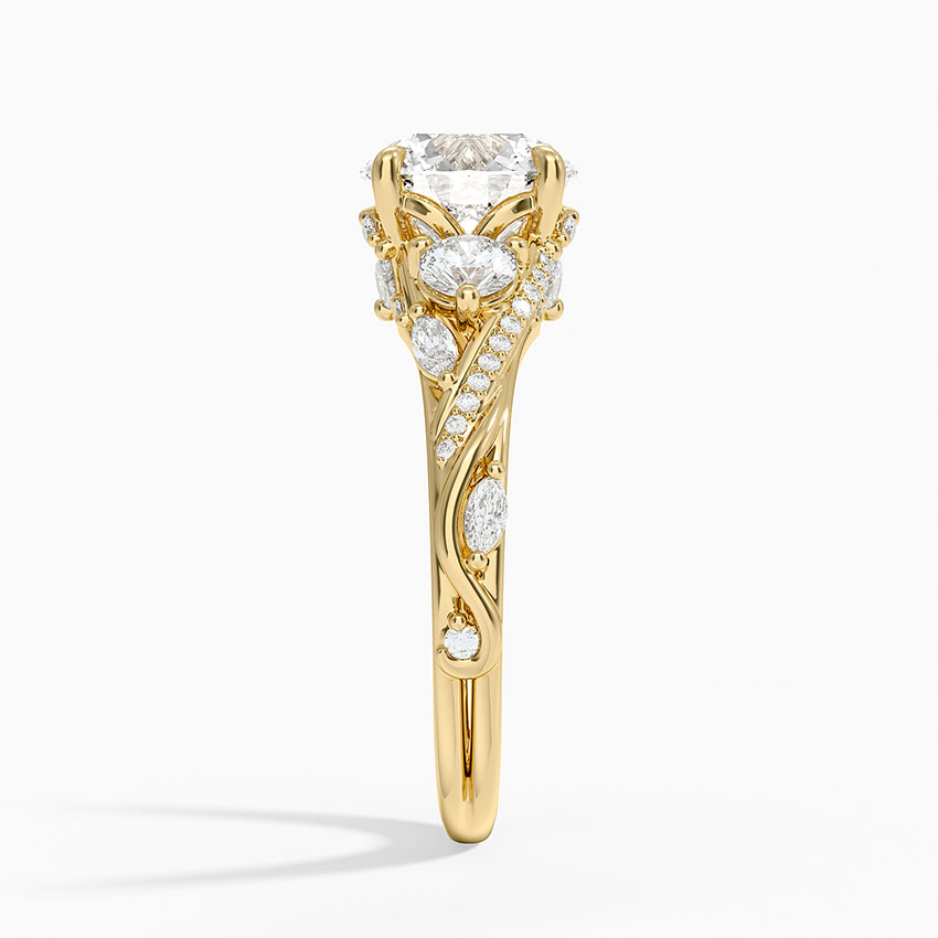 Round Brilliant Cut Diamond Engagement Ring, Twisted Vine Three Stone Ring, Floral Side Diamond Ring
