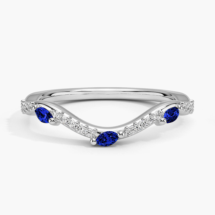 Blue Sapphire Marquise Wedding Band, Curved Diamond V Ring, Stacking Anniversary Ring