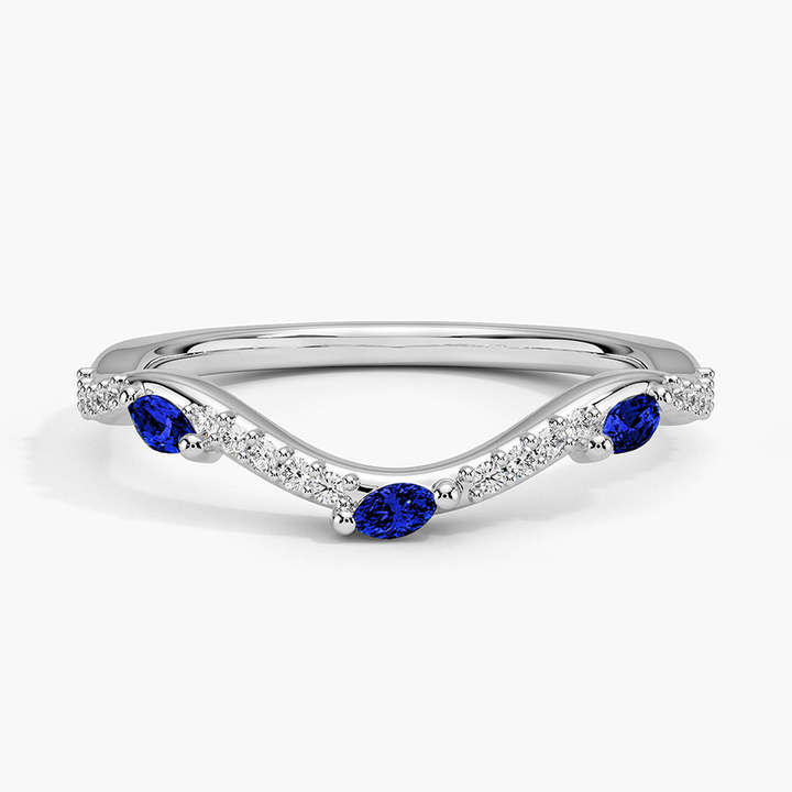 Blue Sapphire Marquise Wedding Band, Curved Diamond V Ring, Stacking Anniversary Ring