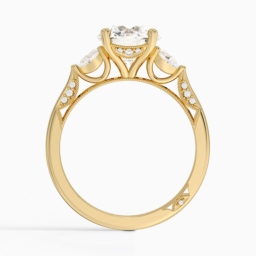 Round Brilliant Cut Diamond Engagement Ring with Pear Side Stones, plit Shank Milgrain Band