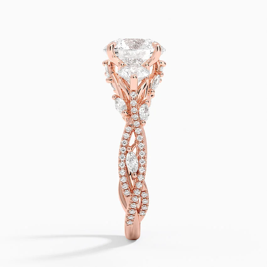 Three Stone Round Diamond Engagement Ring, Twisted Pavé Band Ring, Vintage Inspired Promise Ring