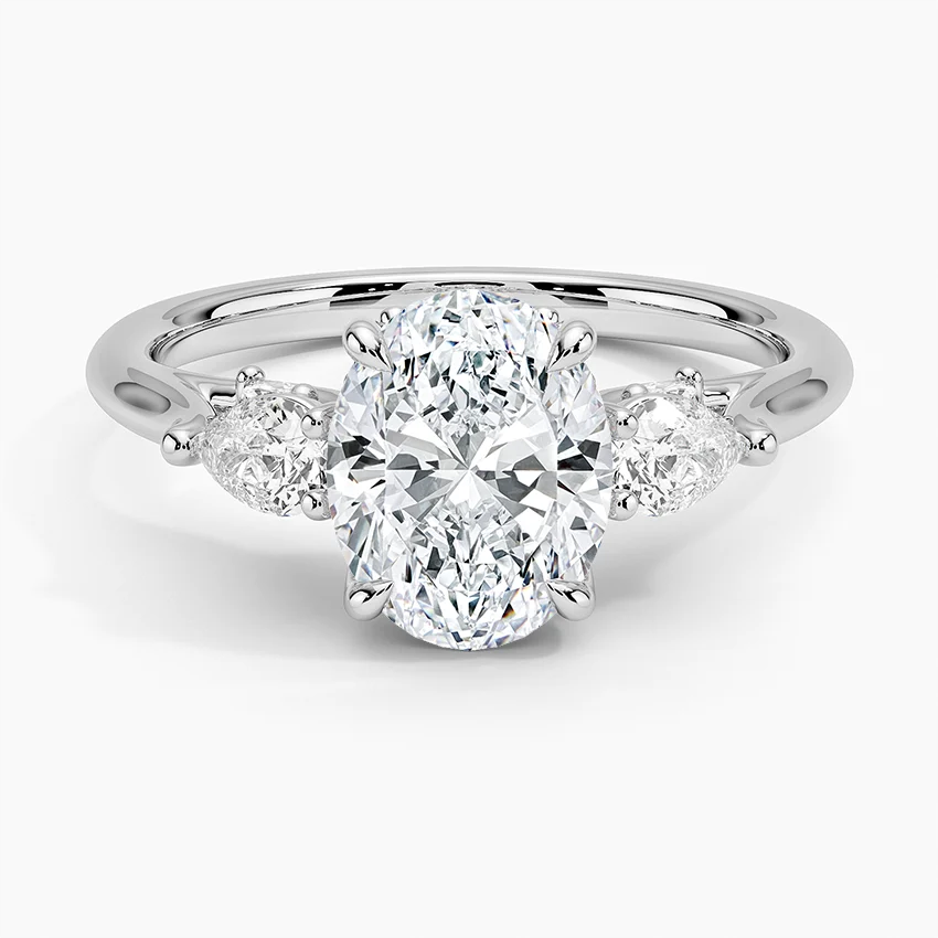 Oval Cut Diamond Three Stone Engagement Ring, Pear Side Stones Ring, Solid Gold Promise Ring
