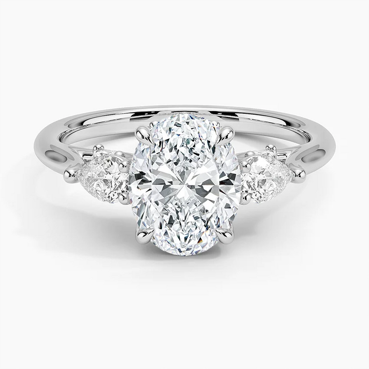 Oval Cut Diamond Three Stone Engagement Ring, Pear Side Stones Ring, Solid Gold Promise Ring