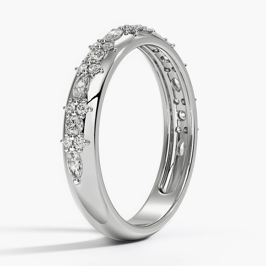 Floral Diamond Wedding Band, Marquise & Round Diamond Ring, Stackable Anniversary Ring