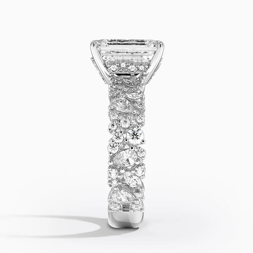 Emerald Cut Diamond Engagement Ring, Vintage Floral Cluster Band Ring, Unique Halo Statement Ring