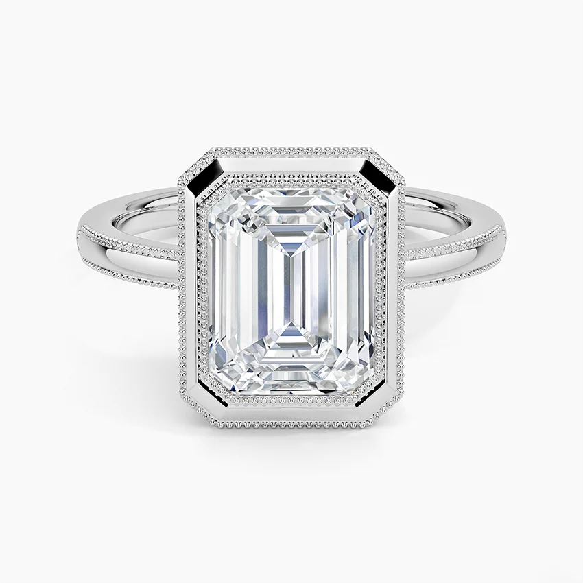 Emerald Cut Diamond Bezel Engagement Ring, Double Halo Milgrain Setting, Split Shank Solitaire Ring