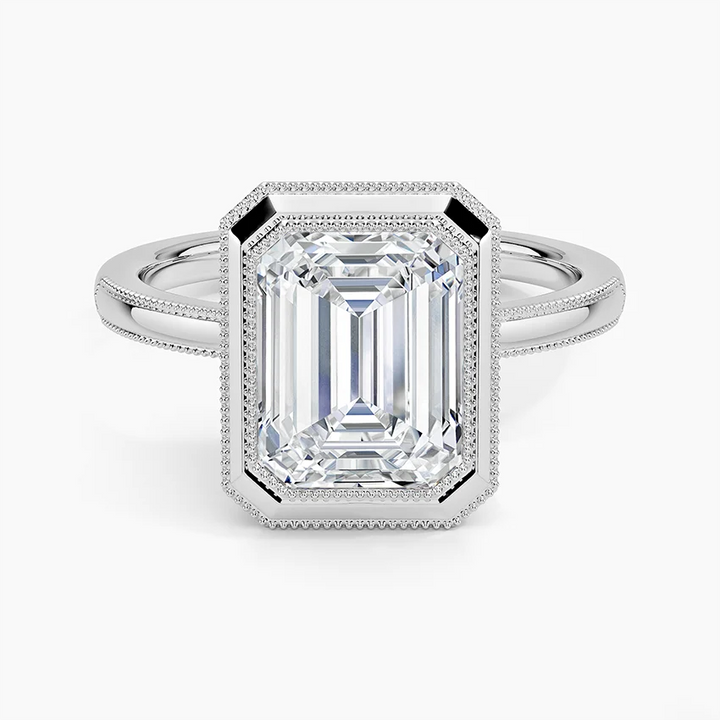 Emerald Cut Diamond Bezel Engagement Ring, Double Halo Milgrain Setting, Split Shank Solitaire Ring