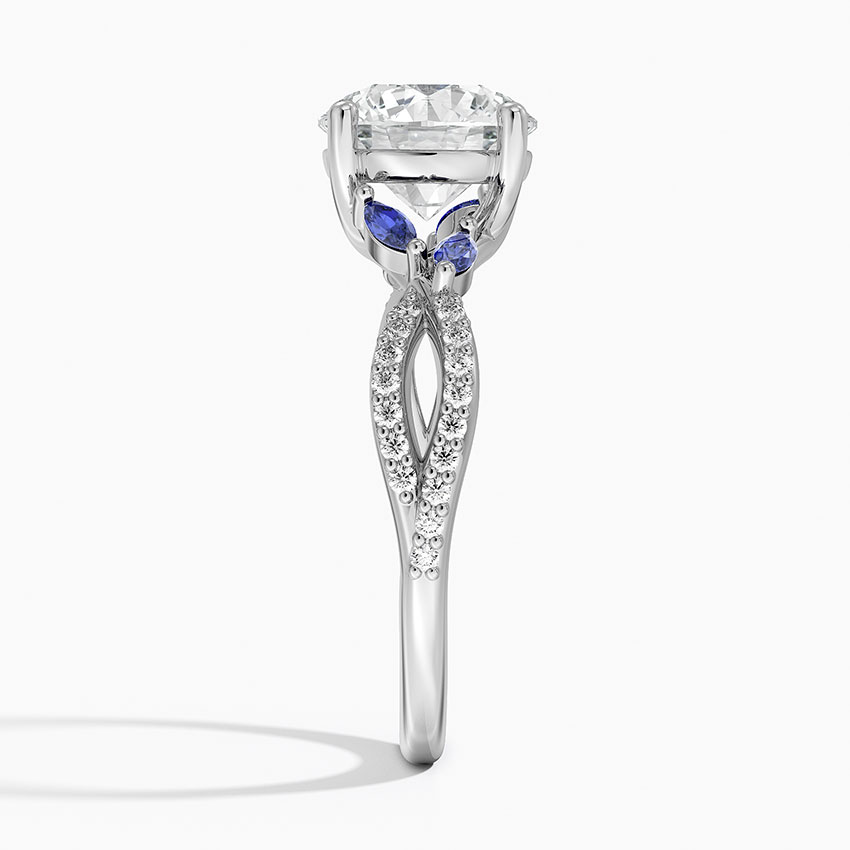 Blue Sapphire & Round Cut Moissanite Engagement Ring, Split Shank Diamond Ring, Vintage Floral Inspired Bridal Ring