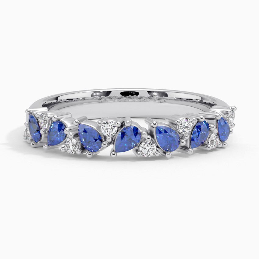 Blue Sapphire & Diamond Half Eternity Ring, Pear Cut Sapphire Wedding Band, Anniversary Gift Ring