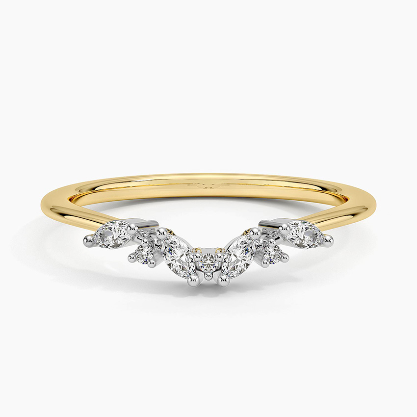 Marquise Diamond Curved Wedding Band, V-Shaped Stackable Ring, Gold Bridal Band