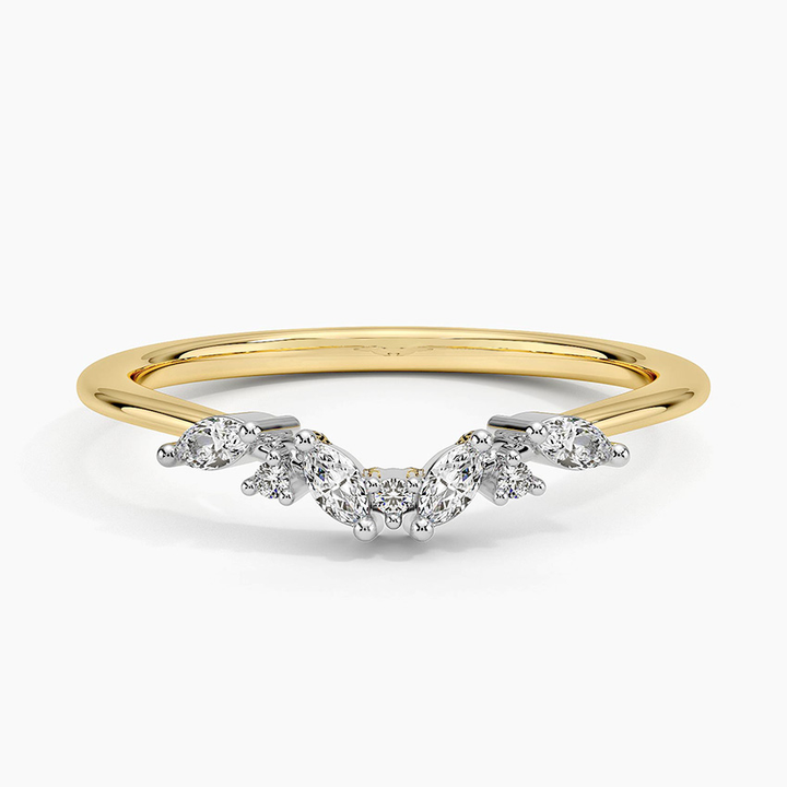 Marquise Diamond Curved Wedding Band, V-Shaped Stackable Ring, Gold Bridal Band