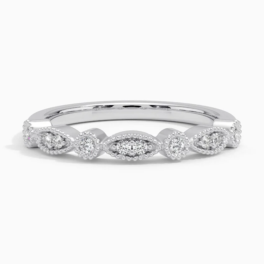 Vintage Marquise Diamond Wedding Band, Milgrain Diamond Ring, Stackable Gold Ring