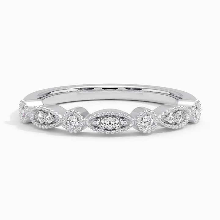 Vintage Marquise Diamond Wedding Band, Milgrain Diamond Ring, Stackable Gold Ring