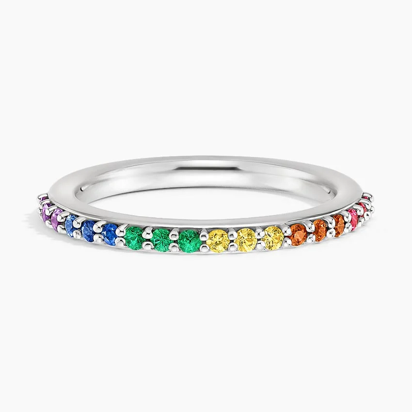 Rainbow Diamond Eternity Band Ring, Multicolor Gemstone Stackable Ring, Pride Jewelry Gift