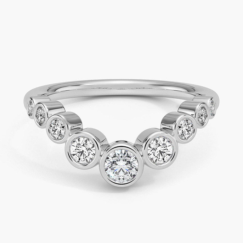 Curved Bezel Set Diamond Ring, Minimalist Wedding Band, V Shape Diamond Ring