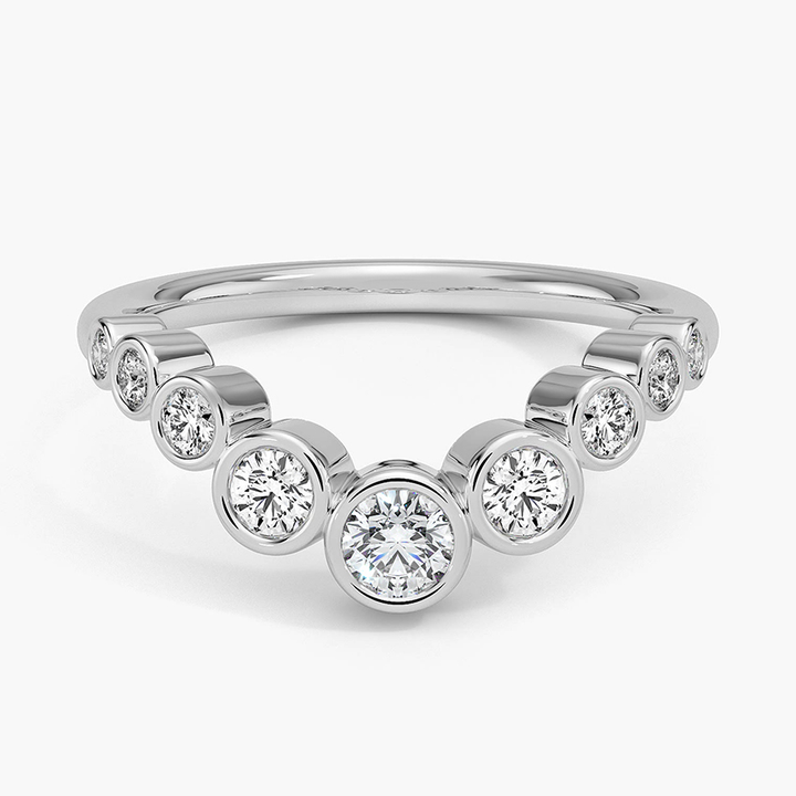 Curved Bezel Set Diamond Ring, Minimalist Wedding Band, V Shape Diamond Ring