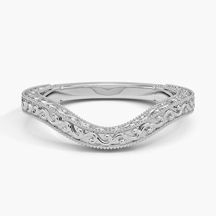Vintage Curved Wedding Band, Engraved V-Shaped Ring, Milgrain Scroll Band