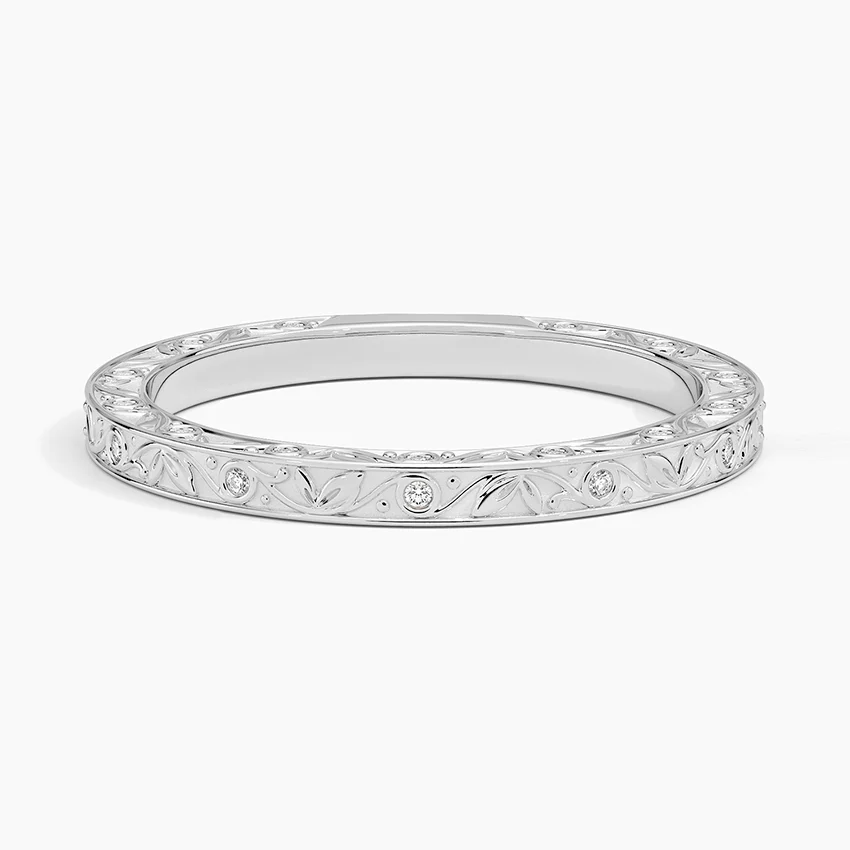 Vintage Engraved Diamond Wedding Band, Floral Milgrain Diamond Ring, Stackable Minimalist Wedding Ring