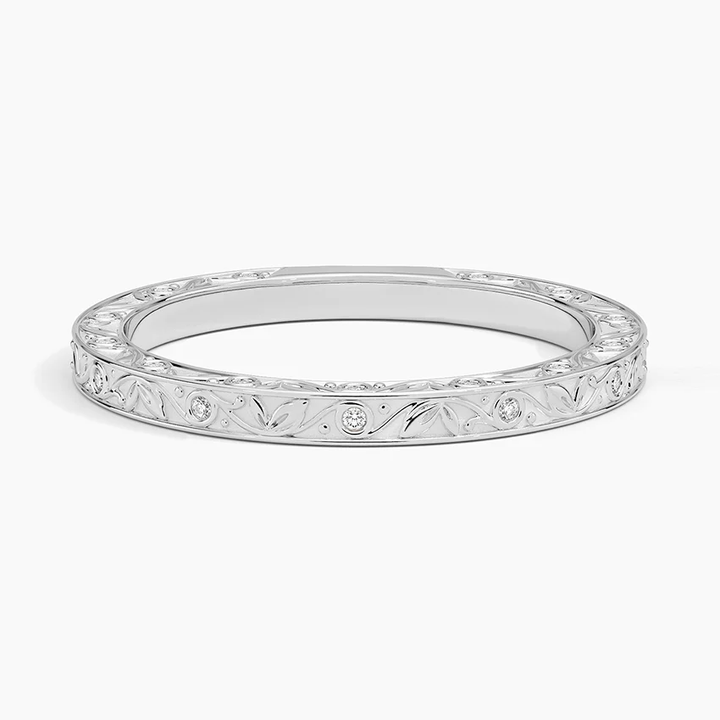Vintage Engraved Diamond Wedding Band, Floral Milgrain Diamond Ring, Stackable Minimalist Wedding Ring