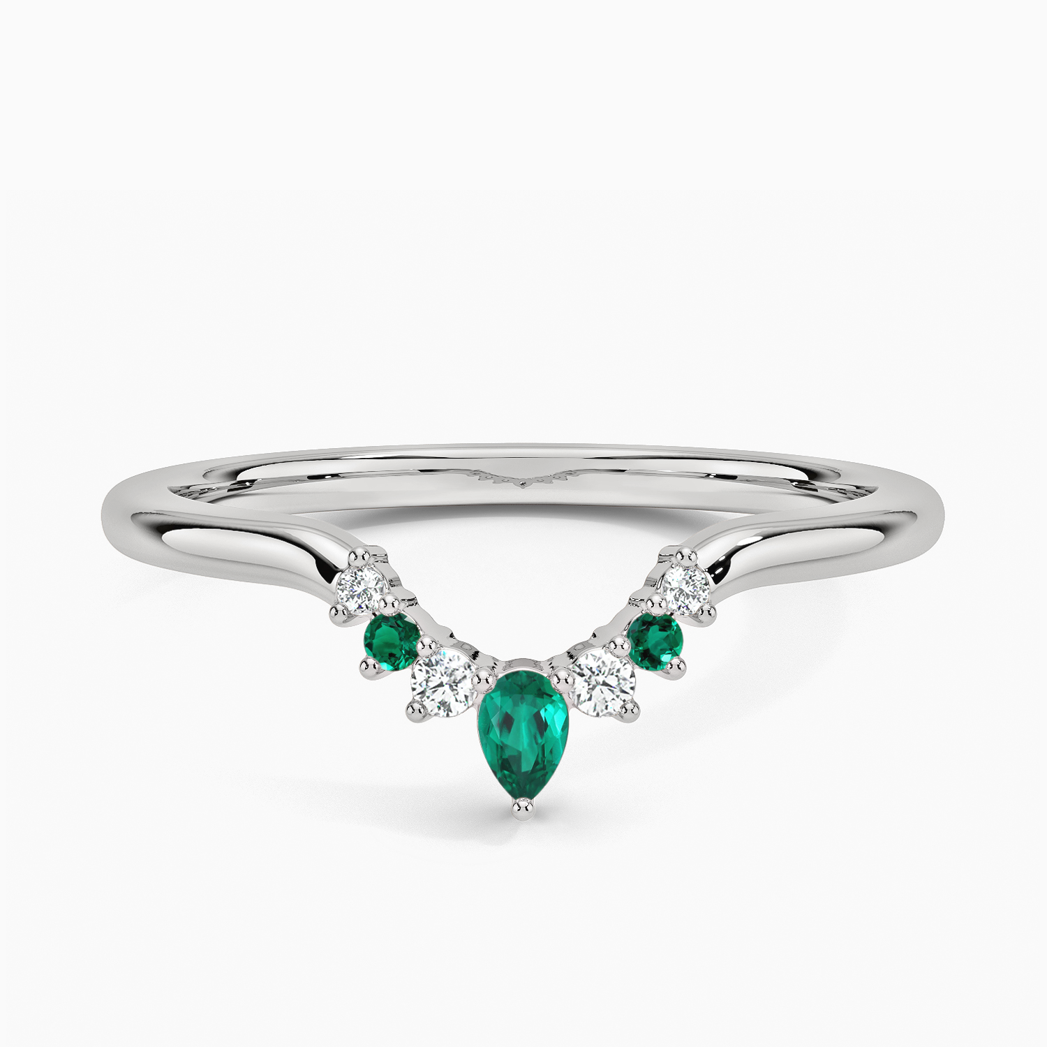 Emerald & Diamond Curved V Band Ring, Pear Emerald Chevron Wedding Band, Contour Stacking Ring