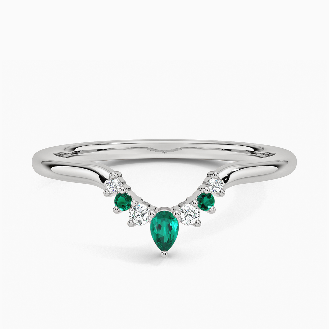 Emerald & Diamond Curved V Band Ring, Pear Emerald Chevron Wedding Band, Contour Stacking Ring
