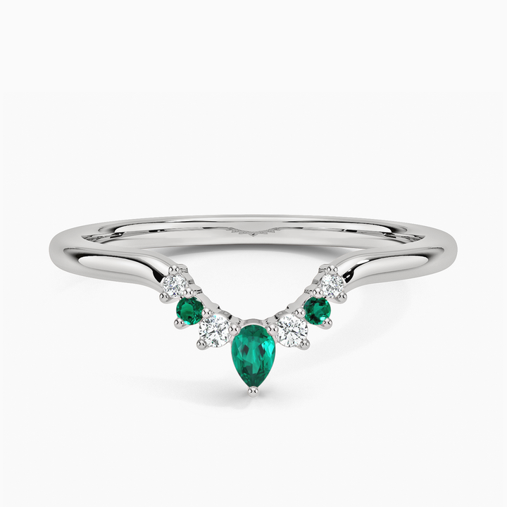 Emerald & Diamond Curved V Band Ring, Pear Emerald Chevron Wedding Band, Contour Stacking Ring