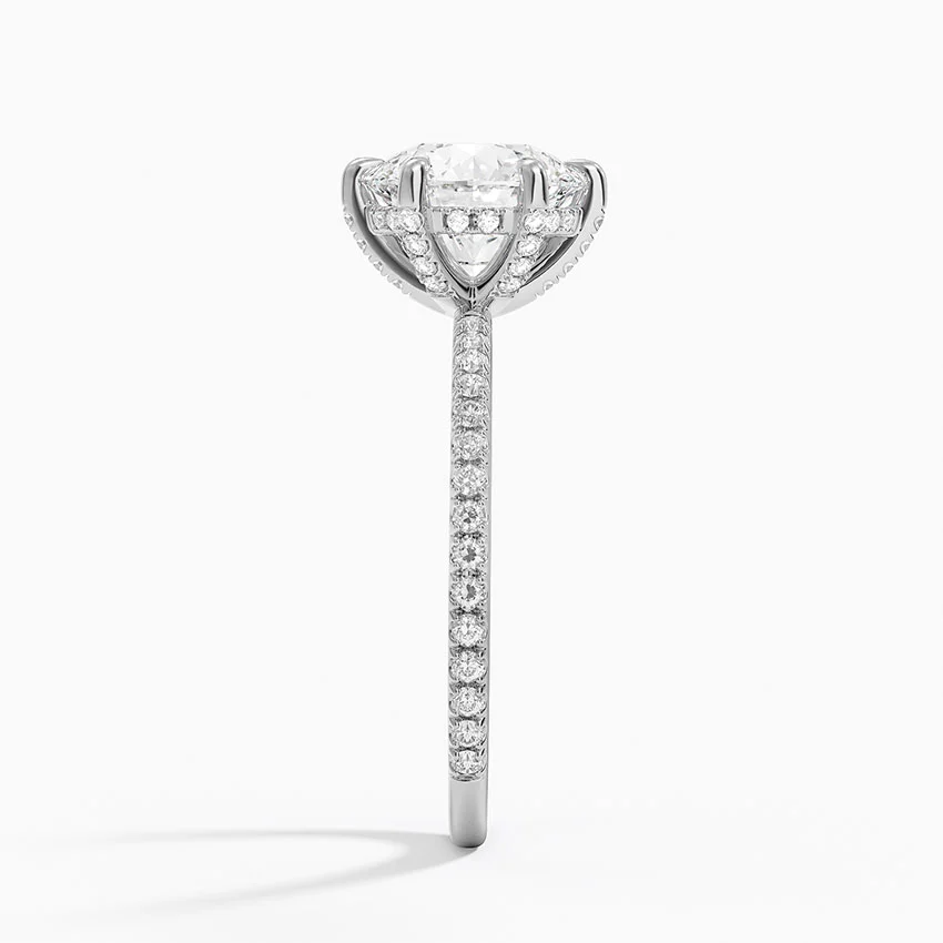 Round Cut Moissanite Engagement Ring, 6 Prong Solitaire Ring, Pave Diamond Band