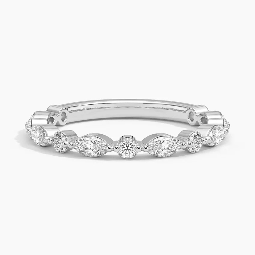 Marquise & Round Diamond Wedding Band, Curved Diamond Ring, Stackable Anniversary Band